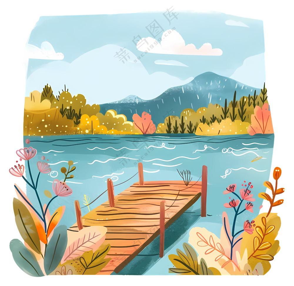湖畔码头插画