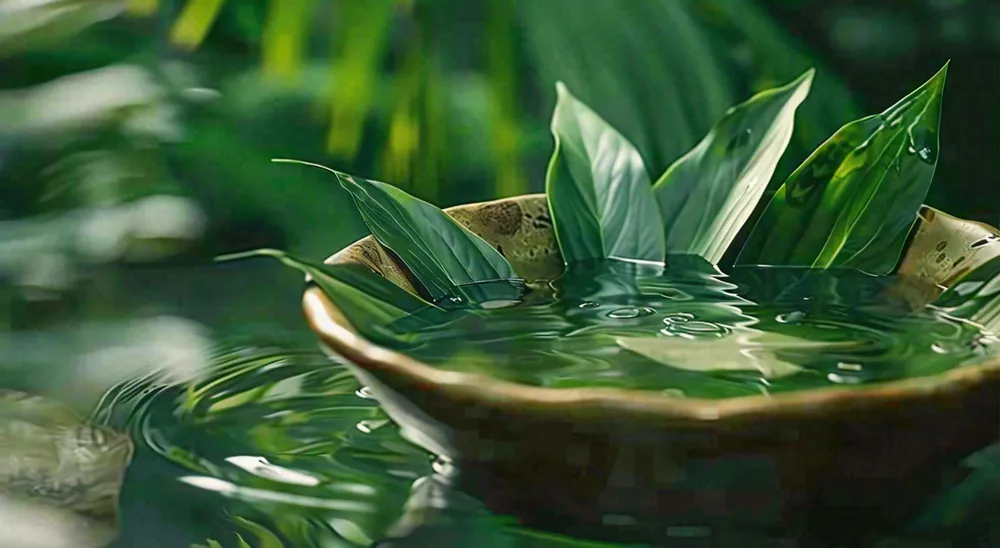 端午节浸泡的绿叶粽叶清新摄影图