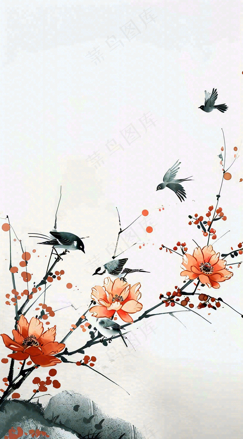 秋天凄冷树枝鸟儿花国风插画立秋白露寒露秋分背景