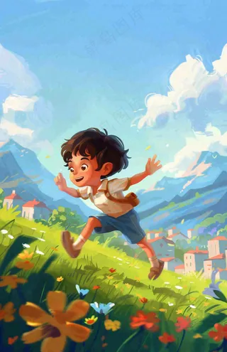 遨游大自然草坪的孩子快乐儿童节卡通插画背景