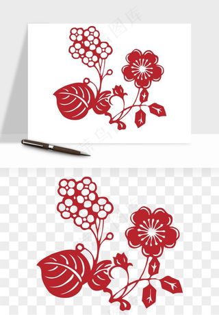 传统剪纸植物花卉png免抠