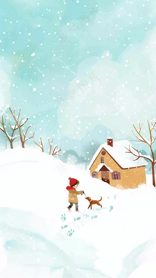冬天雪山白雪地木屋女孩牵着狗游玩可爱卡通插画立冬大雪小雪背景