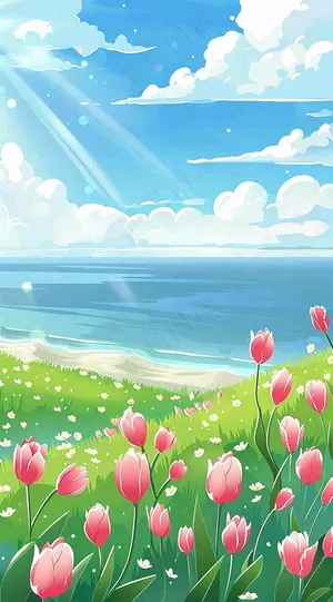 春天海边晴天蓝天白云郁金香春分插画背景