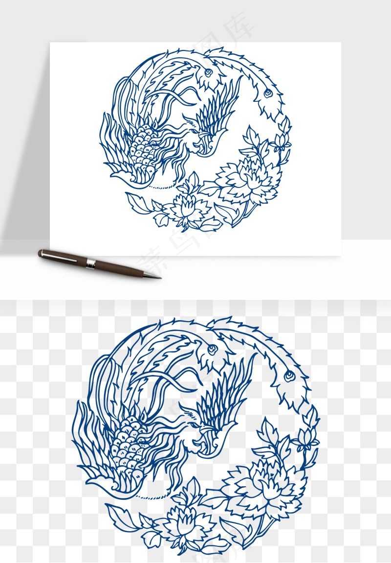 青花瓷花纹花卉图案png免抠