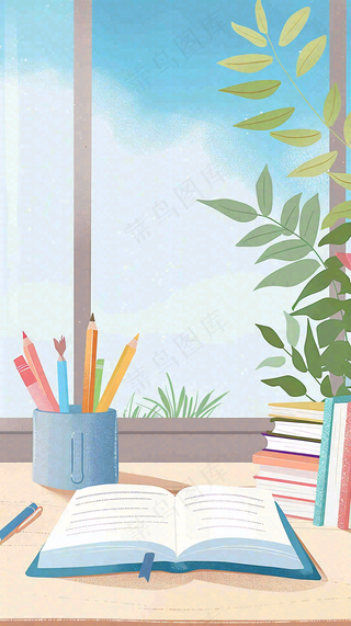 世界读书日窗前书桌书本绿植小清新卡通插画背景