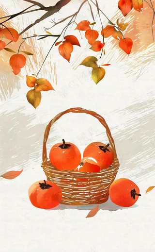 秋冬柿子树下的柿子水果霜降插画背景