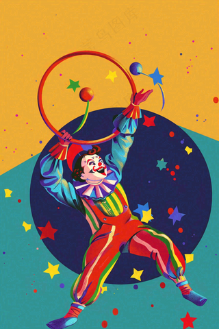 马戏团小丑表演游乐园彩带套圈愚人节卡通插画背景