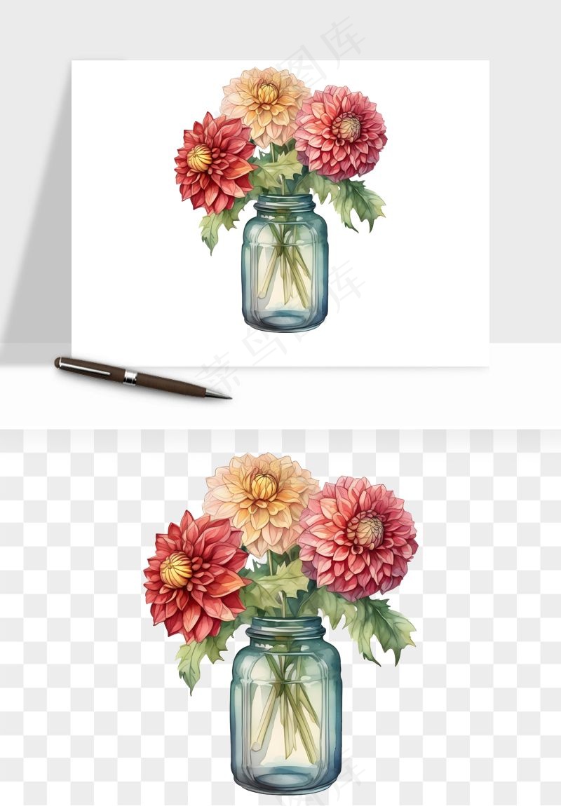 手绘花瓶花艺png免抠