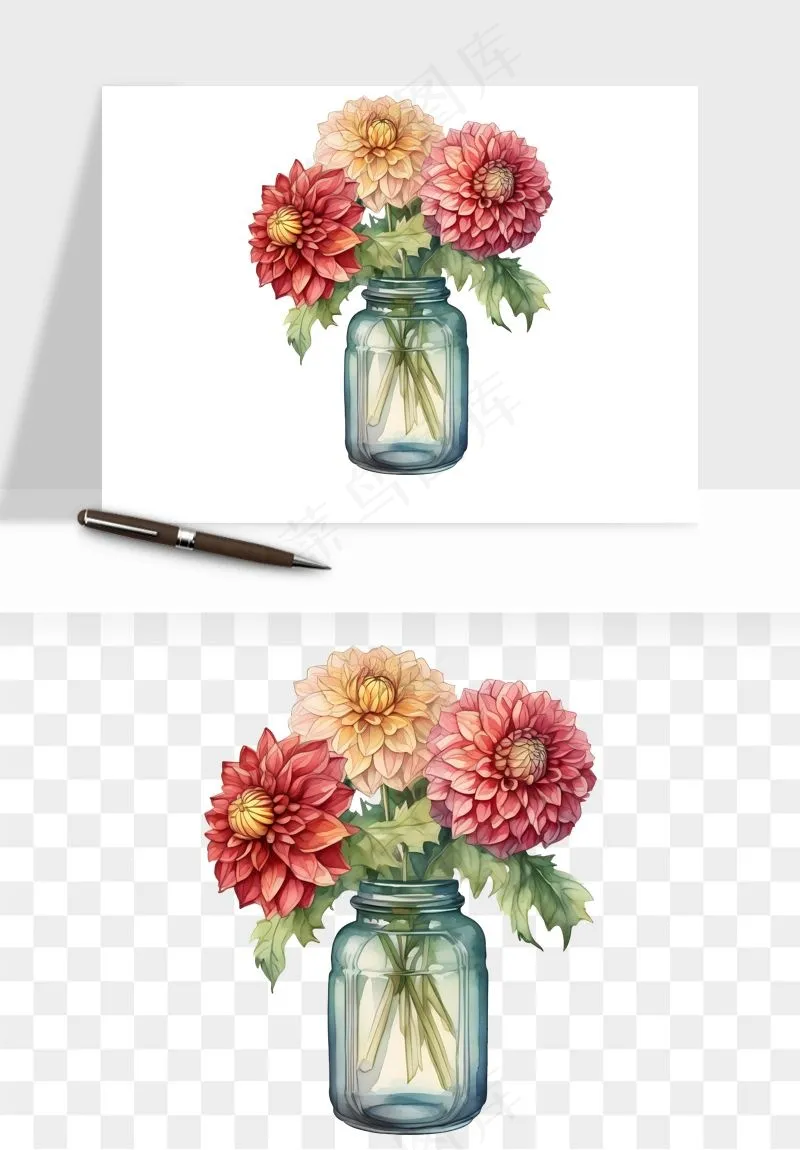 手绘花瓶花艺png免抠