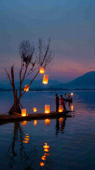 夜晚点灯孔明灯祈福中元节寒衣节插画背景