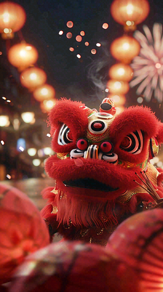 新年舞狮舞龙热闹街区红色喜庆节日小年除夕夜春节背景