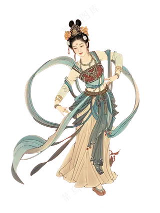 免抠中国画中国风盛装舞蹈人物