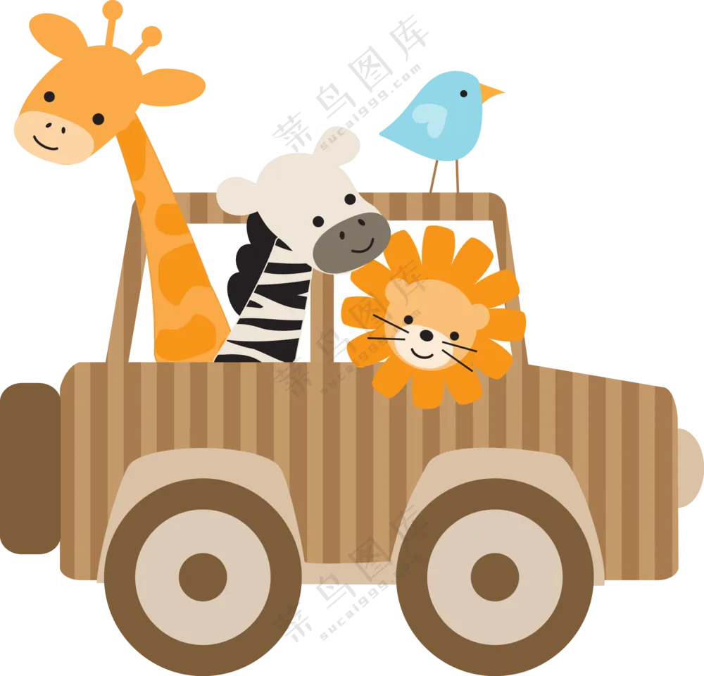 乘坐小汽车的长颈鹿等动物免抠图片