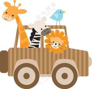 乘坐小汽车的长颈鹿等动物免抠图片