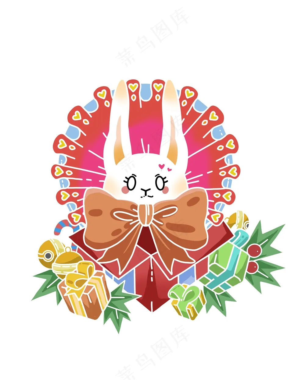 红色简约新国风圣诞节兔子礼物元素插画
