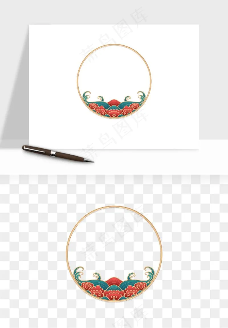 国潮风祥云浪花圆形矩形边框png免抠