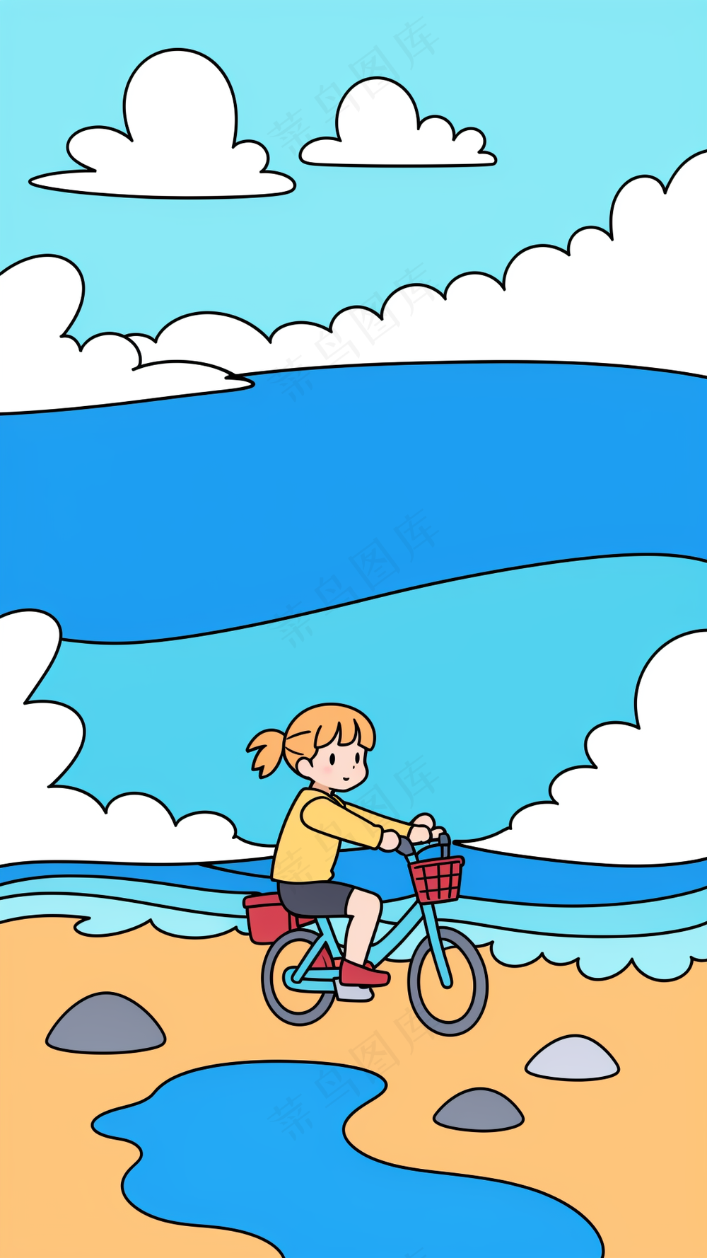 小女孩在海边骑自行车 儿童简笔画