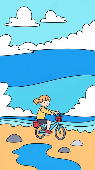 小女孩在海边骑自行车 儿童简笔画