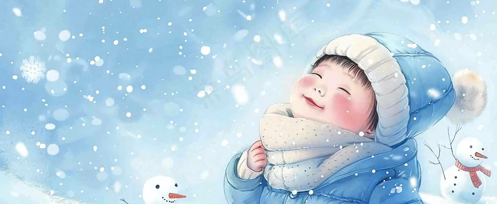 冬季雪地里玩耍的男孩堆雪人可爱卡通插画小雪大雪小寒大寒背景