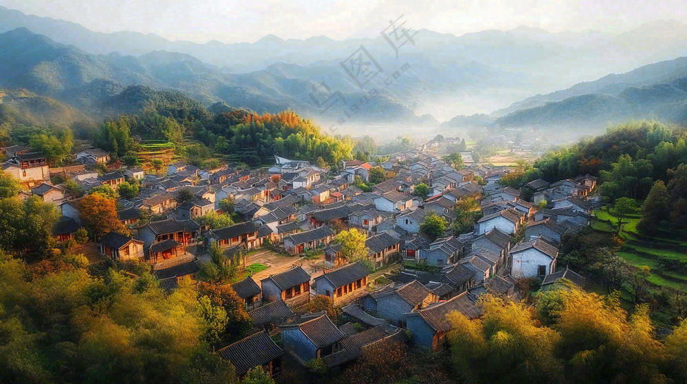 江南风景屋檐瓦舍雾村庄山林摄影图