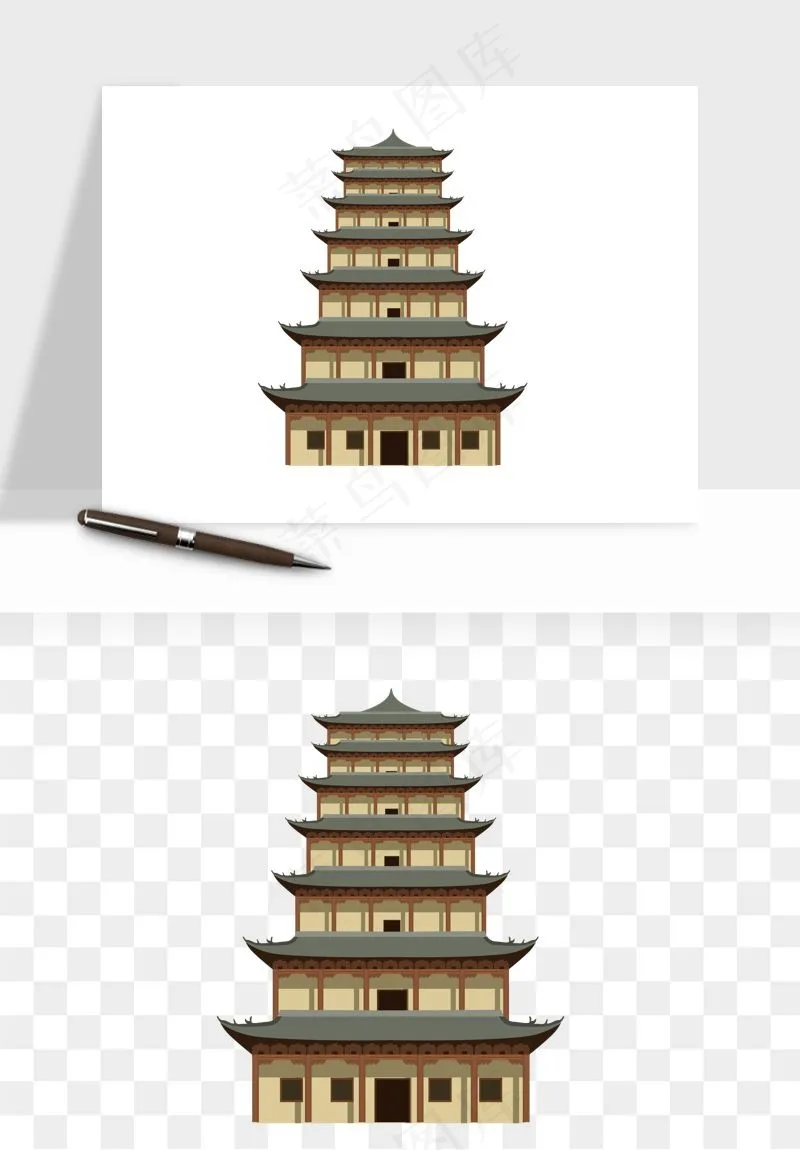 国潮高塔古塔楼建筑png免抠