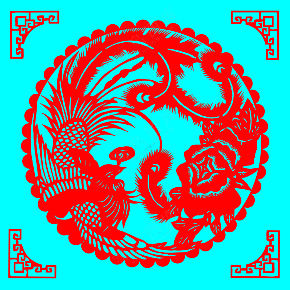 红色传统凤穿牡丹剪纸