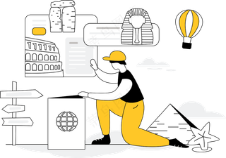 男生制定旅行计划 世界文化 黄色扁平商务插画