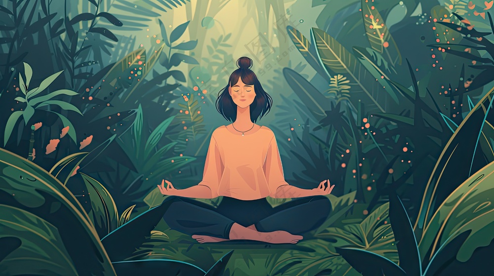 草丛盘腿打坐美女卡通插画