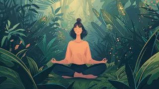 草丛盘腿打坐美女卡通插画