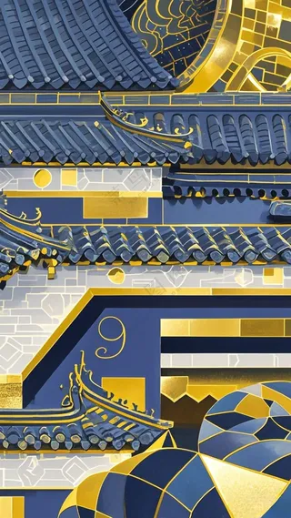 徽派建筑蓝金4  像素2300*4200