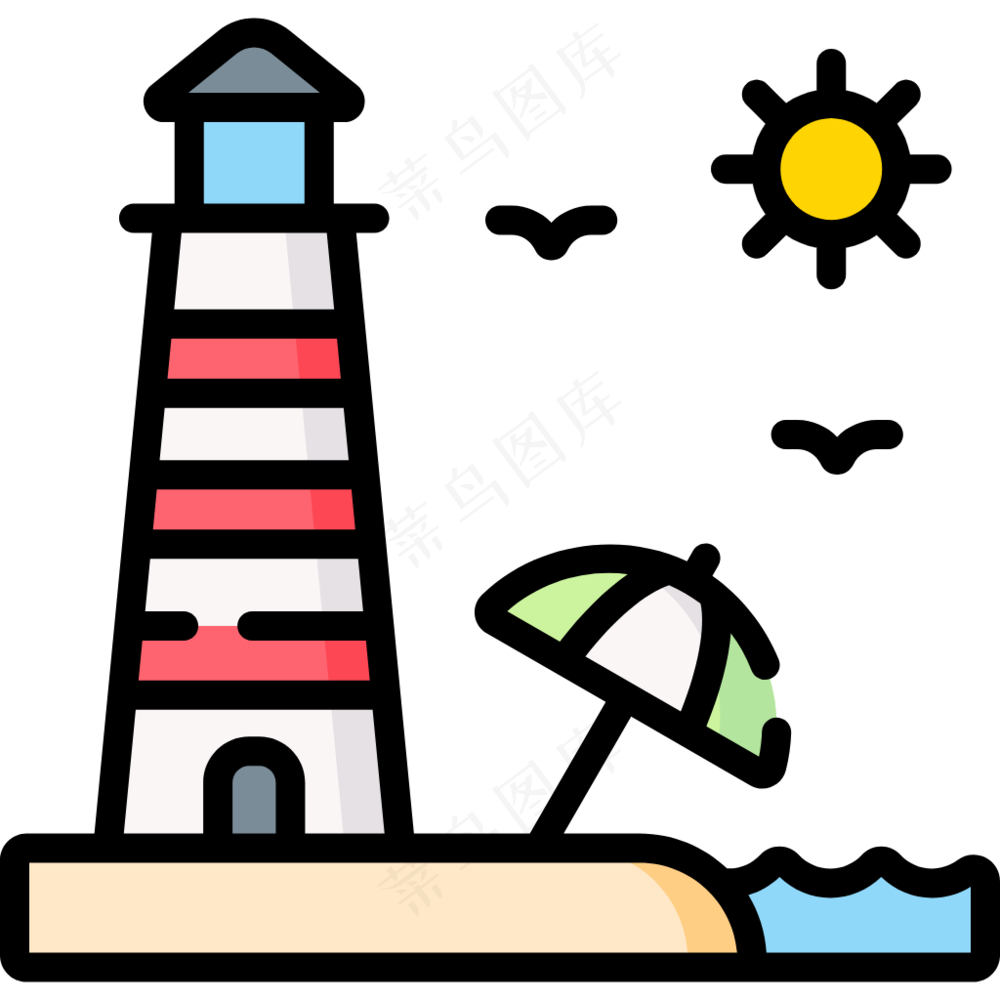 海滩 灯塔 太阳伞 线性彩色图标