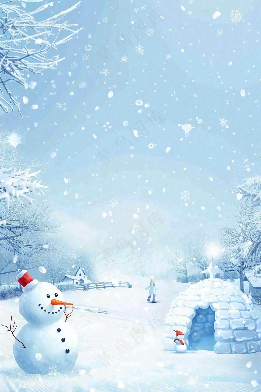 冬天白雪覆盖寒冷唯美雪景小寒插画背景