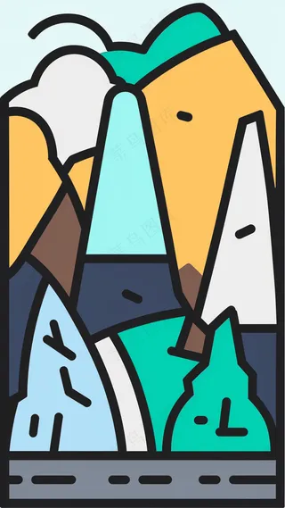 群山山脉 抽象粗线条简笔风景画