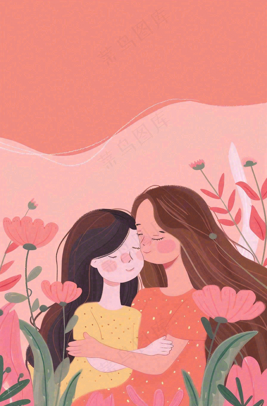 母亲节妈妈亲情抱着孩子鲜花光辉插画背景