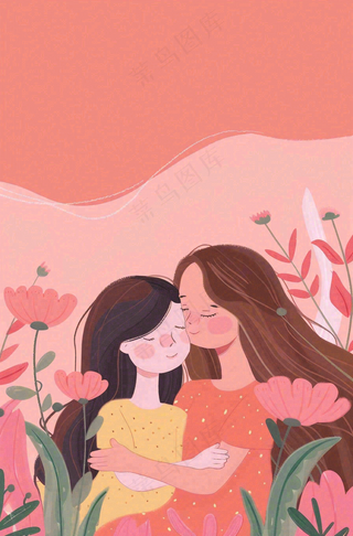 母亲节妈妈亲情抱着孩子鲜花光辉插画背景