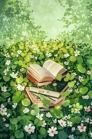 春天草丛花丛里的书本阅读插画世界读书日背景