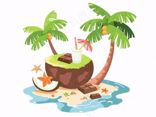 椰子岛椰子树海洋岛屿卡通插画免抠