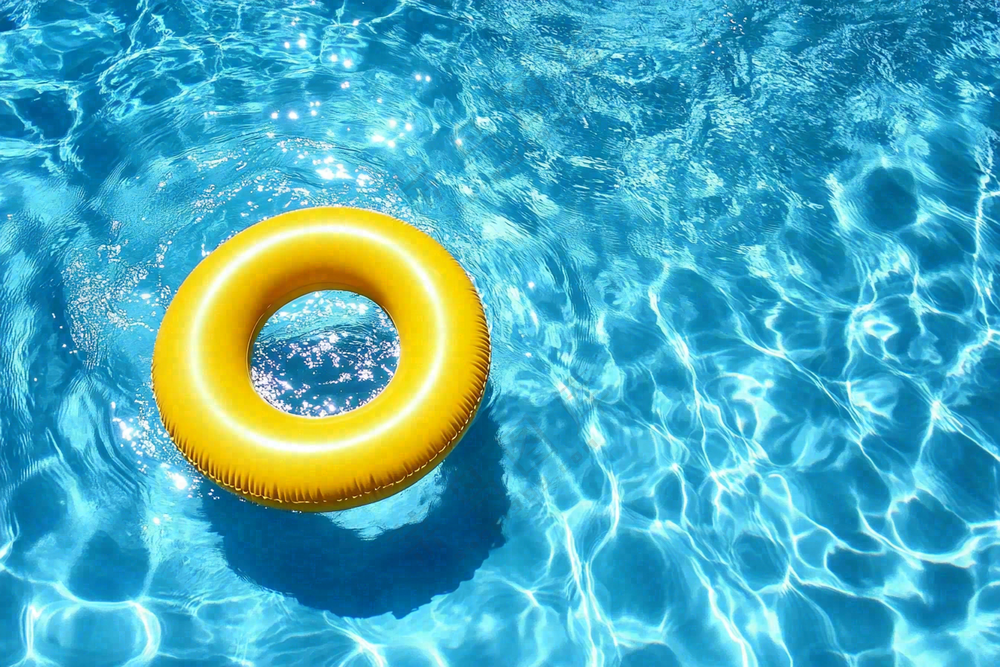 蓝色游泳池的黄色游泳圈摄影图