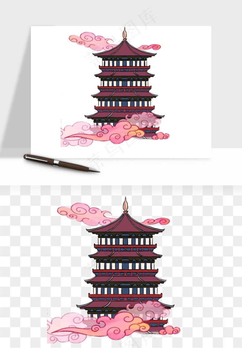 国潮风古建筑古楼古塔鼓楼psd,png免抠图(2000x2000)psd模版下载