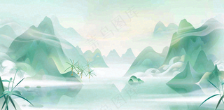 中国风插画山水竹叶青色插画清新淡雅端午节插画背景