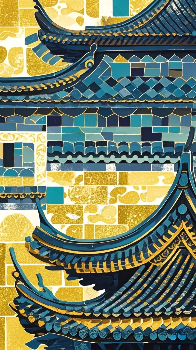 徽派建筑蓝金1 像素2300*4200