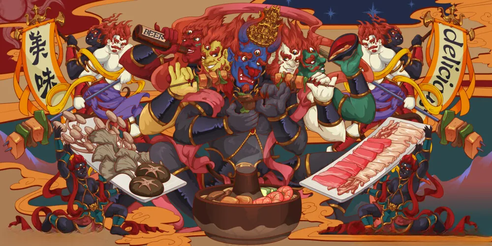 国潮火锅插画国潮冒菜川味火锅