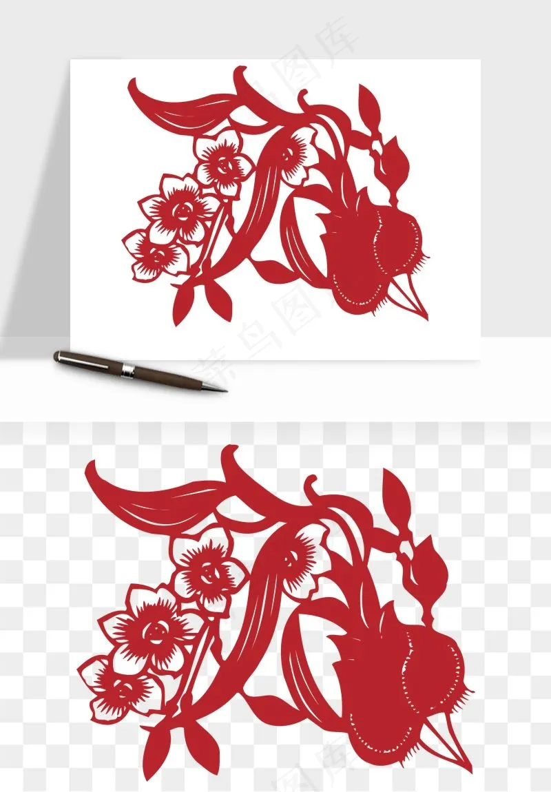 传统剪纸植物花卉png免抠