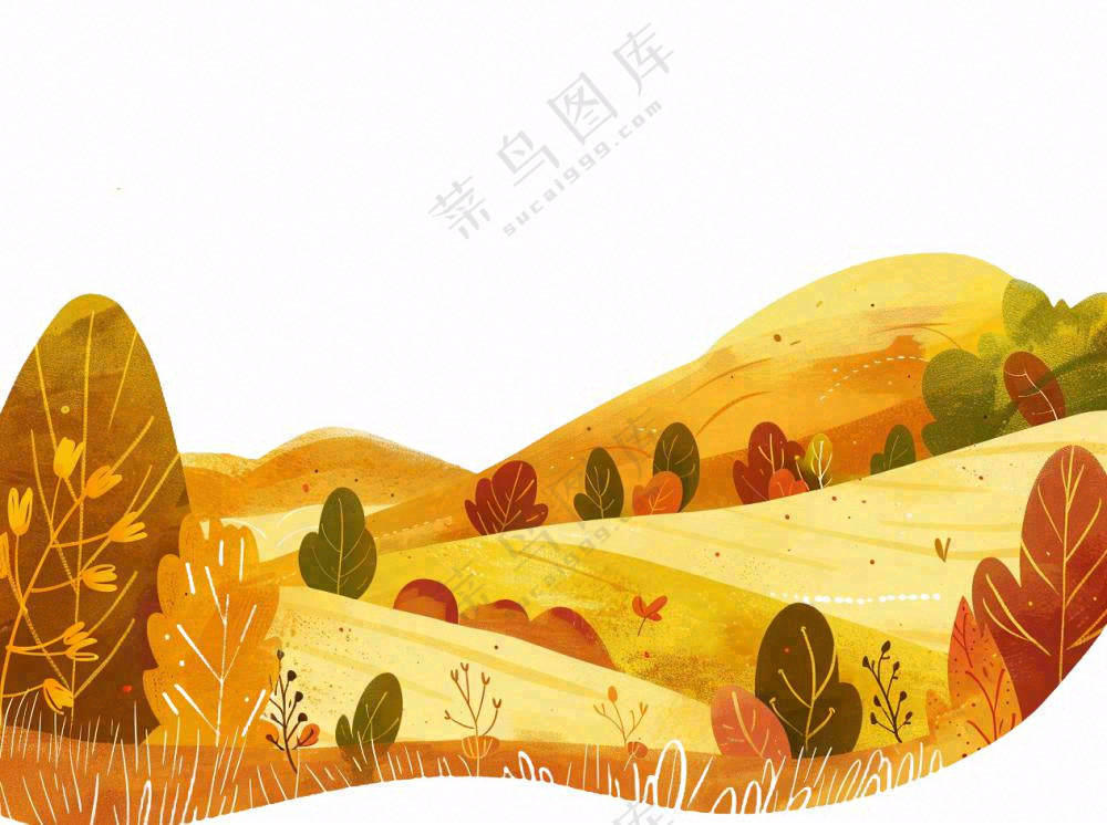 秋天山林草原黄色树叶卡通插画免抠