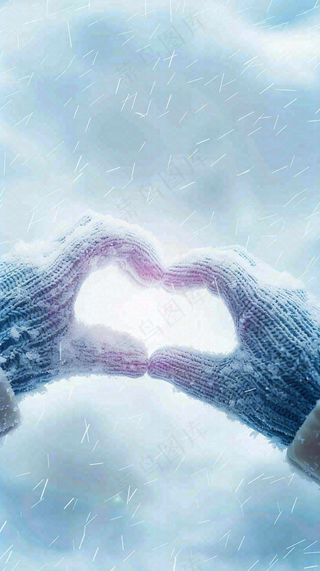 冬季寒冷雪地玩雪手套爱心手势大雪小雪小寒浪漫情人节摄影图背景