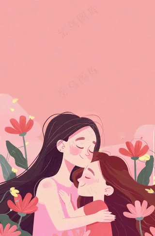 母亲节妈妈亲情抱着孩子鲜花光辉插画背景