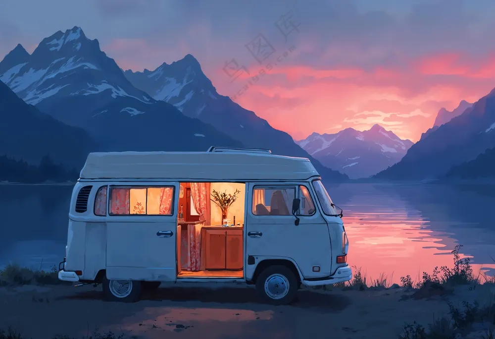 唯美雪山脚下的旅游房车