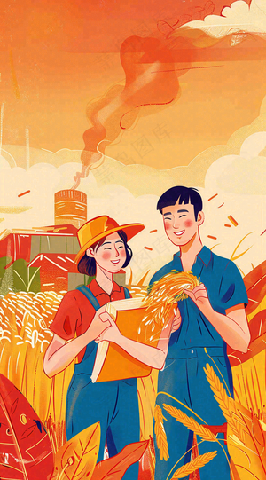 红色插画土地收成粮食农民辛勤劳作劳动节卡通插画背景