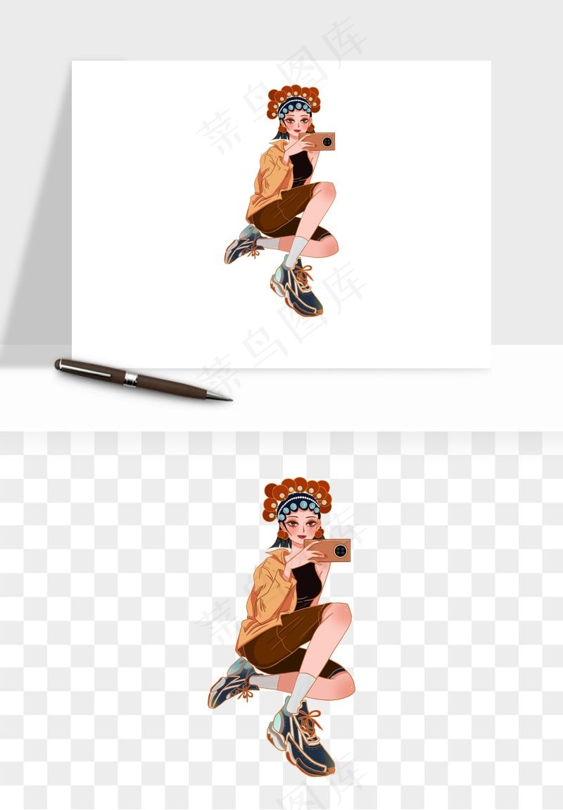 手绘国潮女性人物插画png免抠