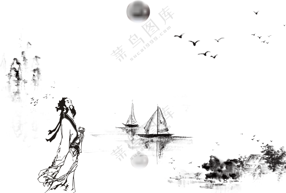 古人与小船山水中国风绘画图片素材